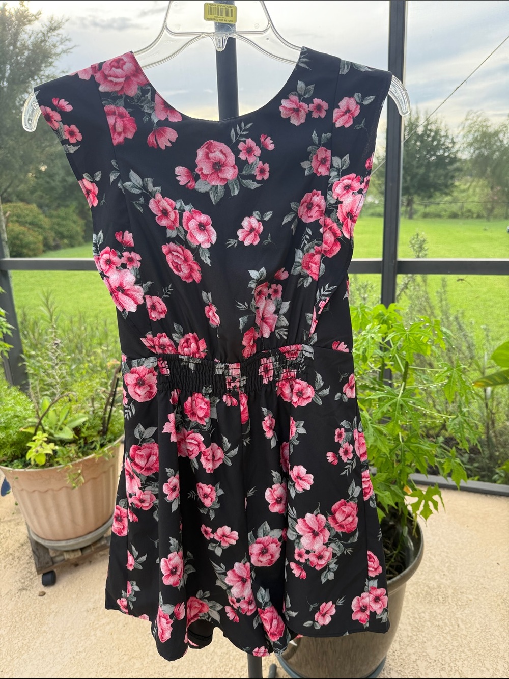 BONGO Black Romper with Pink Floral Print open back